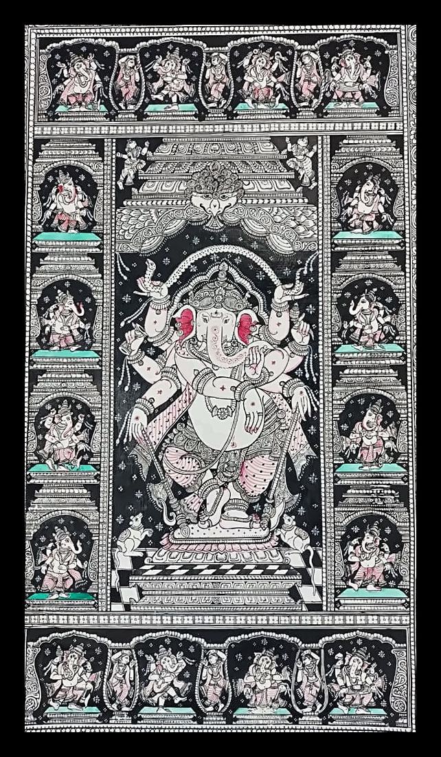 Chaturbhuja: Ganesha in Divine Rhythm — A four-armed dancing Ganesha framed by a grid of smaller Ganeshas. Hand-painted Pattachitra from Odisha.