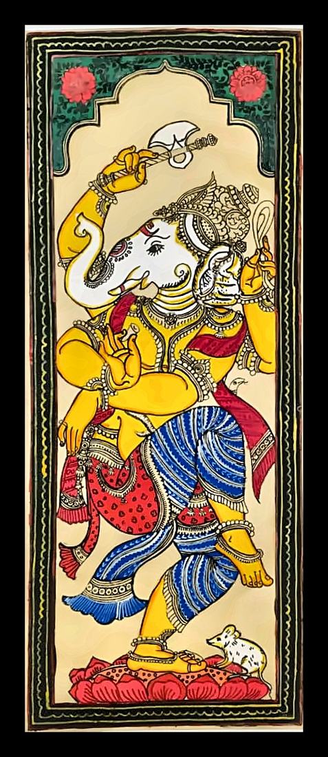 Dancing Ganesha in a Niche — Ganesha dancing on a lotus, holding an axe, with his mouse below. Hand-painted Pattachitra from Odisha.