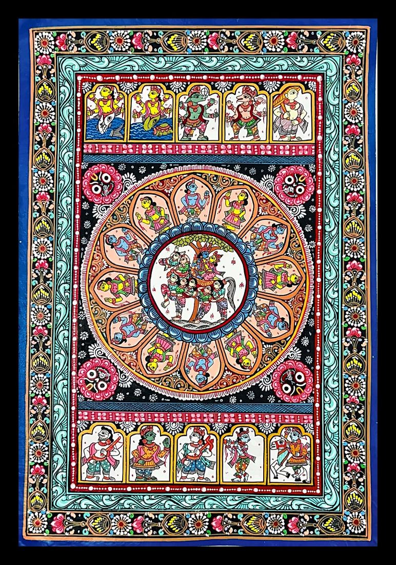 Dashavatar Lotus Mandala with Jagannath Corner Masks — A twelve-petal lotus of avatar figures, cornered by four Jagannath masks. Hand-painted Pattachitra from Odisha.