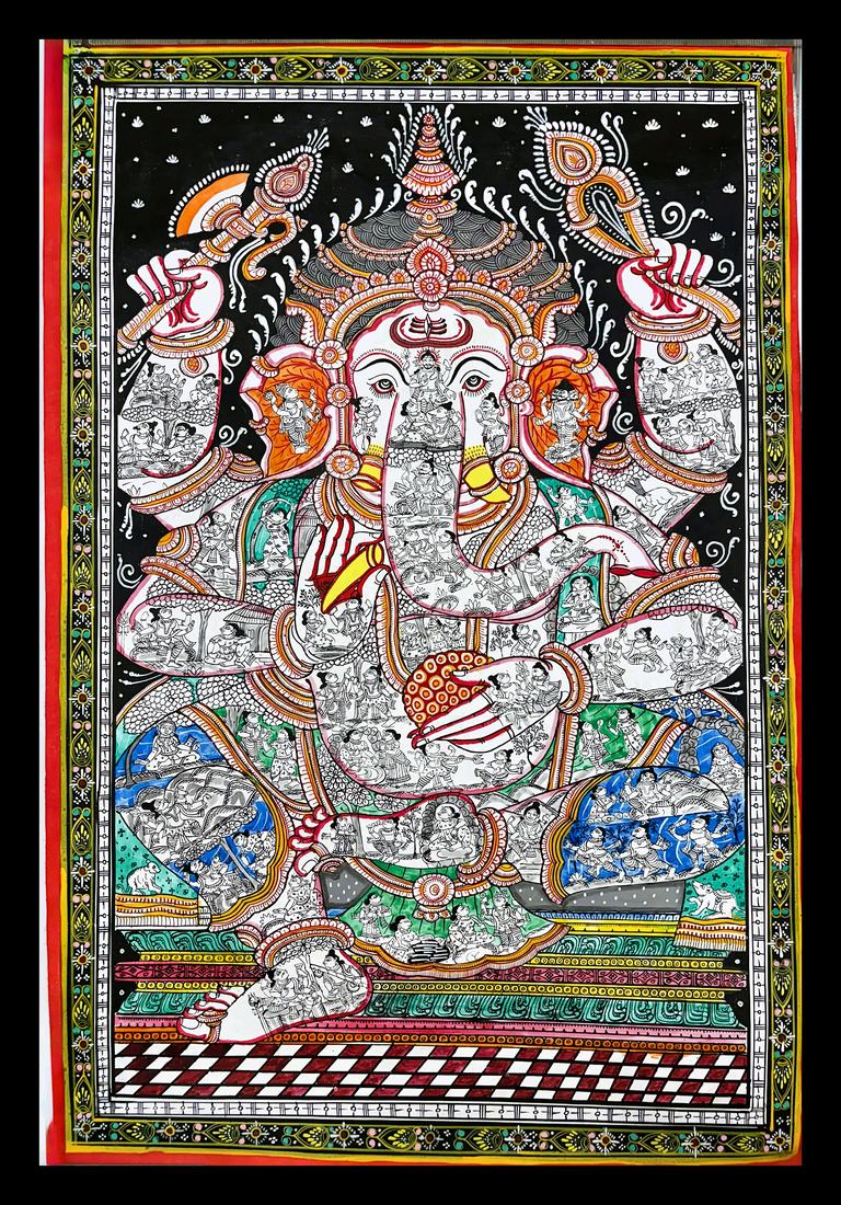 Ganesha Filled with Divine Tales — Ganesha's form built from dozens of miniature narrative scenes. Hand-painted Pattachitra from Odisha.