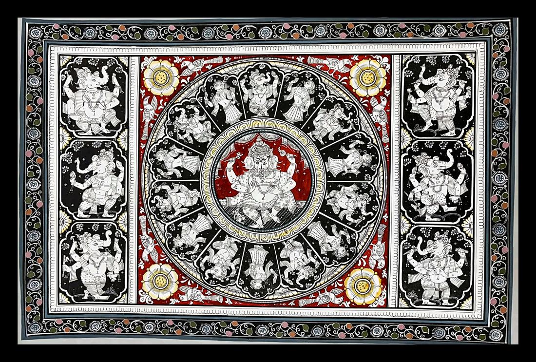 Ganesha Mandala with Radiating Elephant-Headed Dancers — A seated Ganesha ringed by sixteen dancing elephant-headed figures. Hand-painted Pattachitra from Odisha.