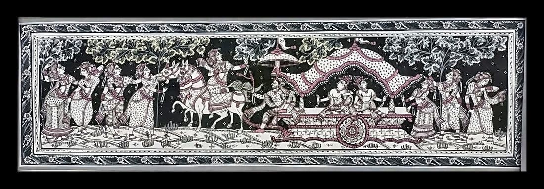 Mathura Vijaya: The Triumphant Return — The same chariot procession theme, in fine grey-and-maroon linework. Hand-painted Pattachitra from Odisha.
