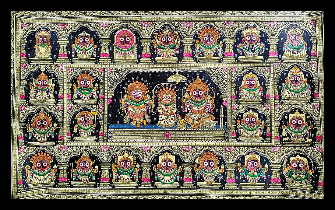 Jagannath: Twenty-One Visions of Divinity — The triad repeated in small arched niches. Hand-painted Pattachitra from Odisha.
