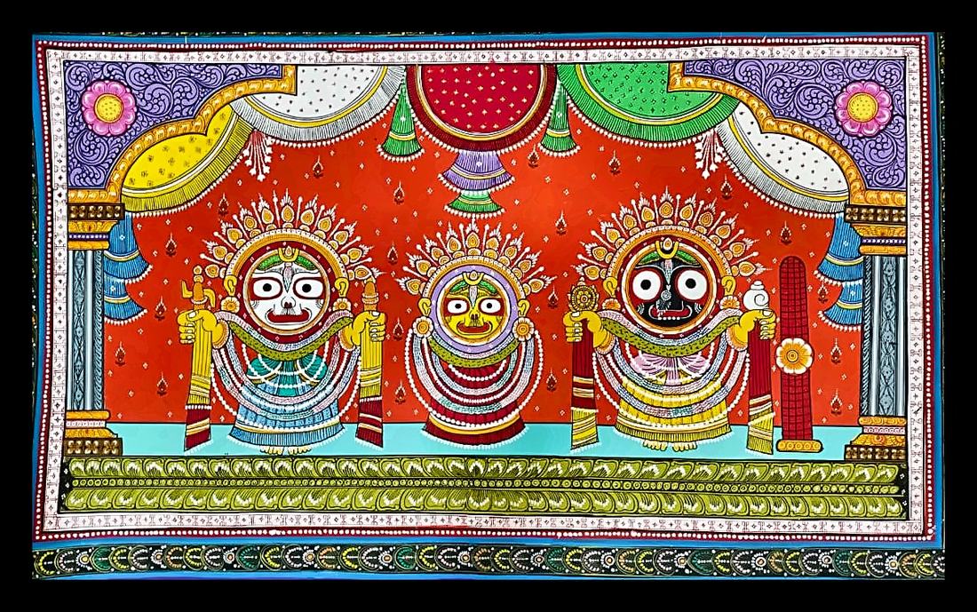 Jagannath, Balabhadra and Subhadra Busts — Three deity busts on a solid orange ground, under a floral canopy. Hand-painted Pattachitra from Odisha.