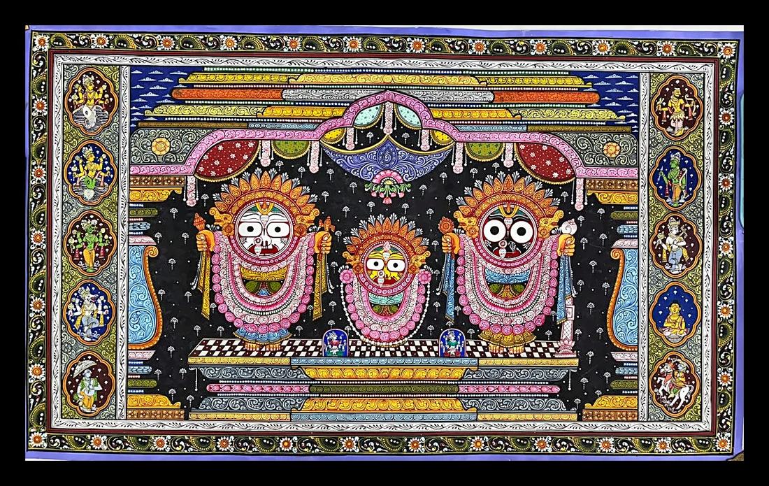 Suna Besha: Jagannath & the Ten Divine Avatars — The triad on a checkered platform, under a scalloped canopy. Hand-painted Pattachitra from Odisha.