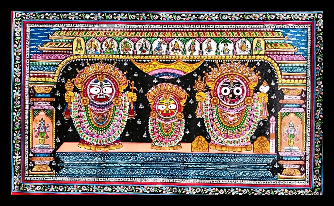 Jagannath Triad with a Dashavatar Frieze — The triad on black, topped by a row of avatar figures. Hand-painted Pattachitra from Odisha.