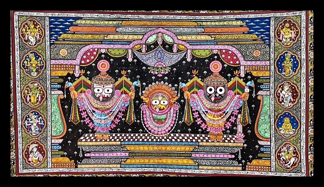 Nagarjuna Besha: The Warrior Lord & Dashavatar — The triad on black, under a pink-and-gold canopy. Hand-painted Pattachitra from Odisha.
