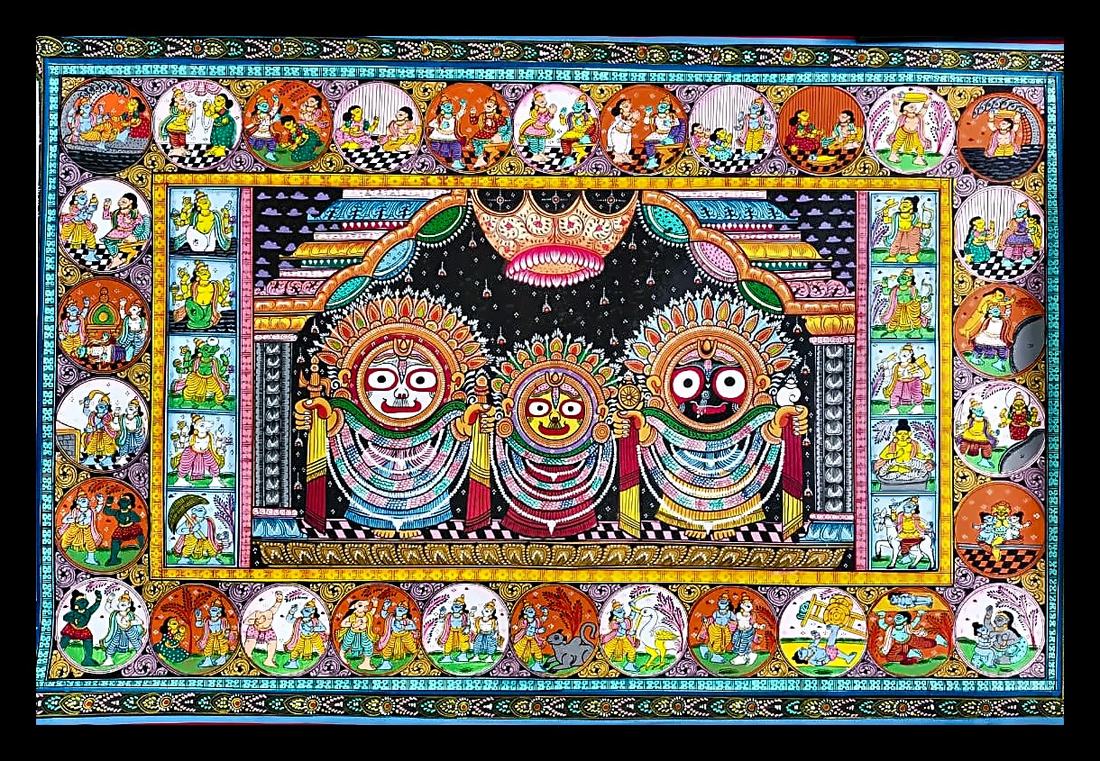 Jagannath Triad with a Krishna Leela Border — The triad beneath a canopy, bordered by Krishna's childhood scenes. Hand-painted Pattachitra from Odisha.