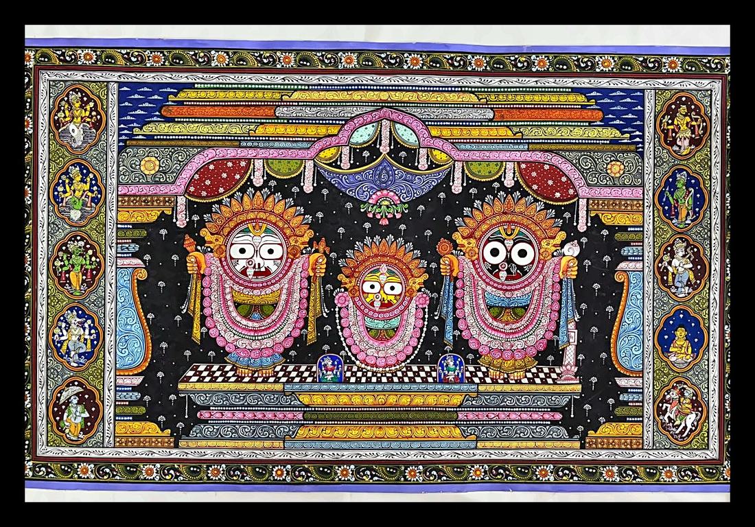 Jagannath: The Golden Lord & Dashavatara — The triad on black, beneath a pink-and-gold canopy. Hand-painted Pattachitra from Odisha.