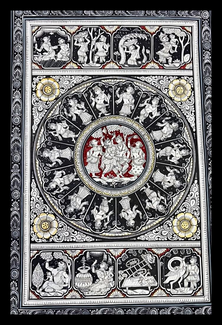 Jugal: The Eternal Love of Radha & Krishna — The triad in a red medallion, ringed by a wheel of dancers. Hand-painted Pattachitra from Odisha.