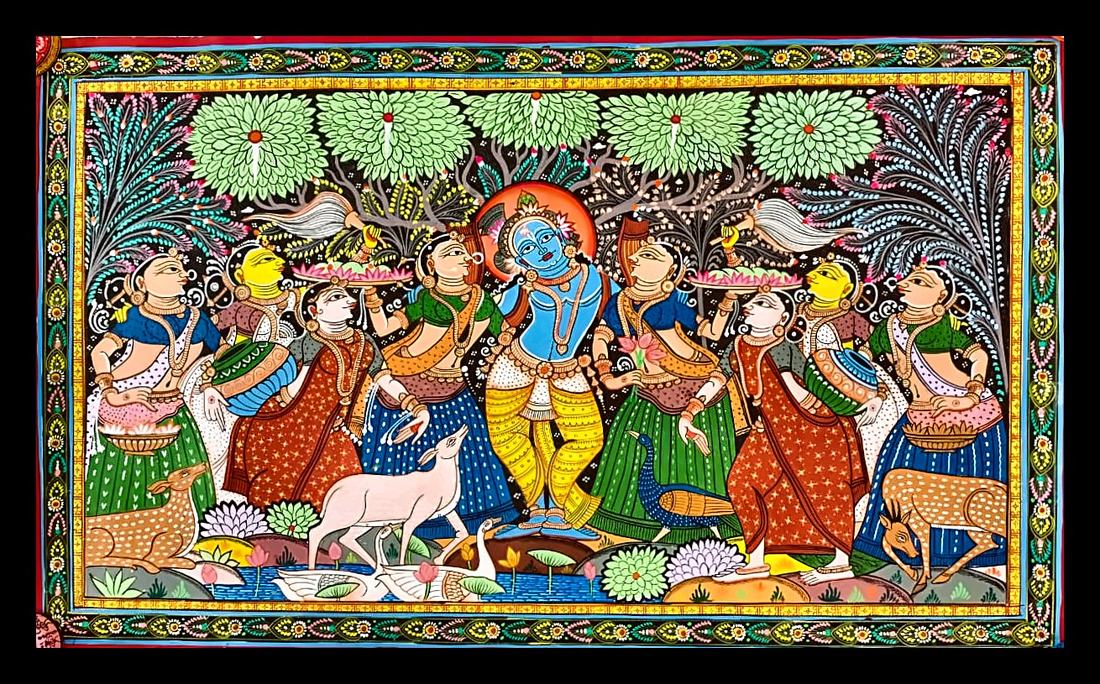 Basanta Ras — Krishna at the centre of eight gopis in a forest scene. Hand-painted Pattachitra from Odisha.