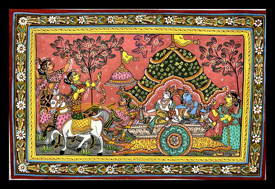 Mathura vijay — Two seated figures beneath a green canopy, on a chariot. Hand-painted Pattachitra from Odisha.
