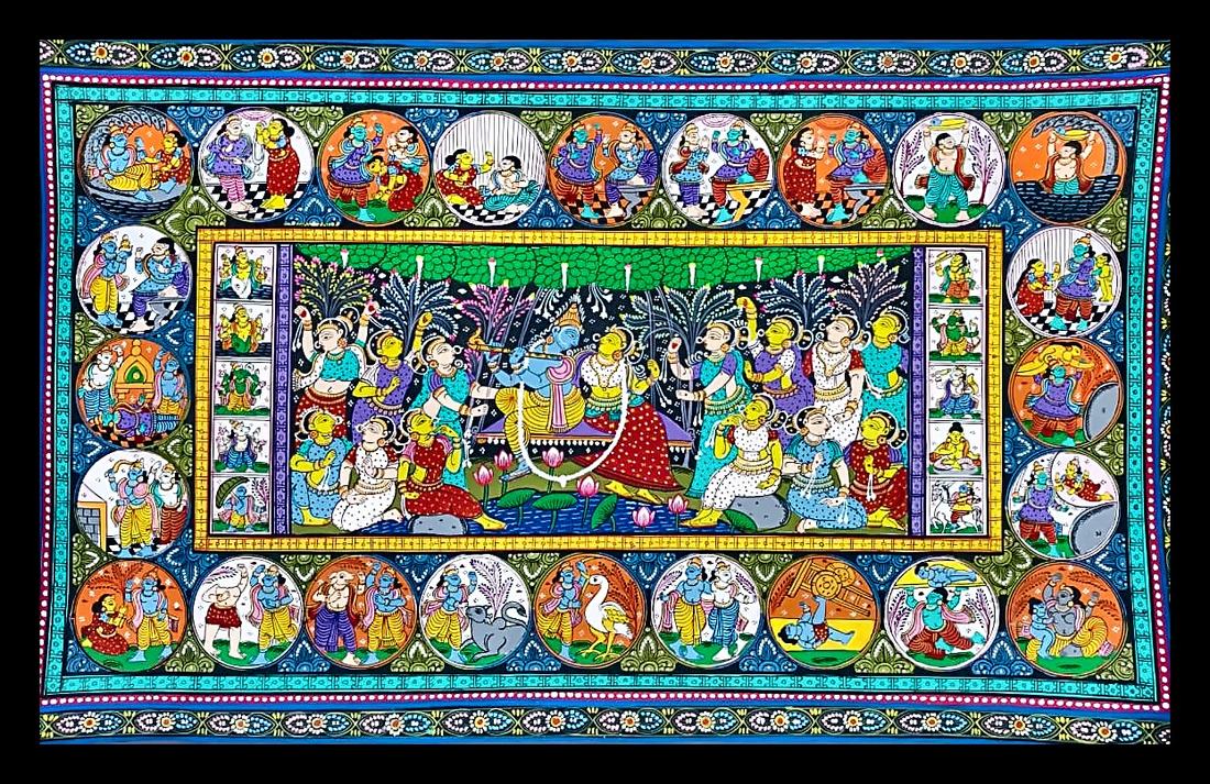 Krishna Leela in a Medallion Border — A central raas scene ringed by roughly eighteen story medallions. Hand-painted Pattachitra from Odisha.