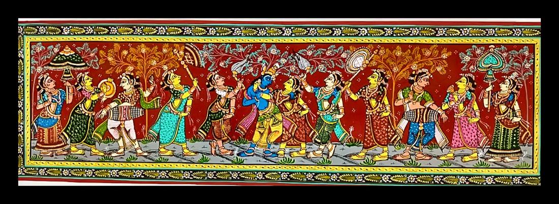 Krishna's Procession with Musicians — Dancers and musicians in file around a central blue figure. Hand-painted Pattachitra from Odisha.