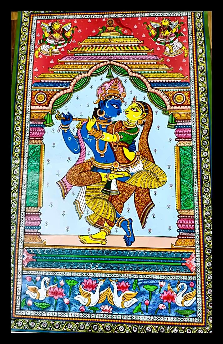 Krishna and Radha Under the Arch — The pair beneath a carved arch, with swans along a lotus pond. Hand-painted Pattachitra from Odisha.