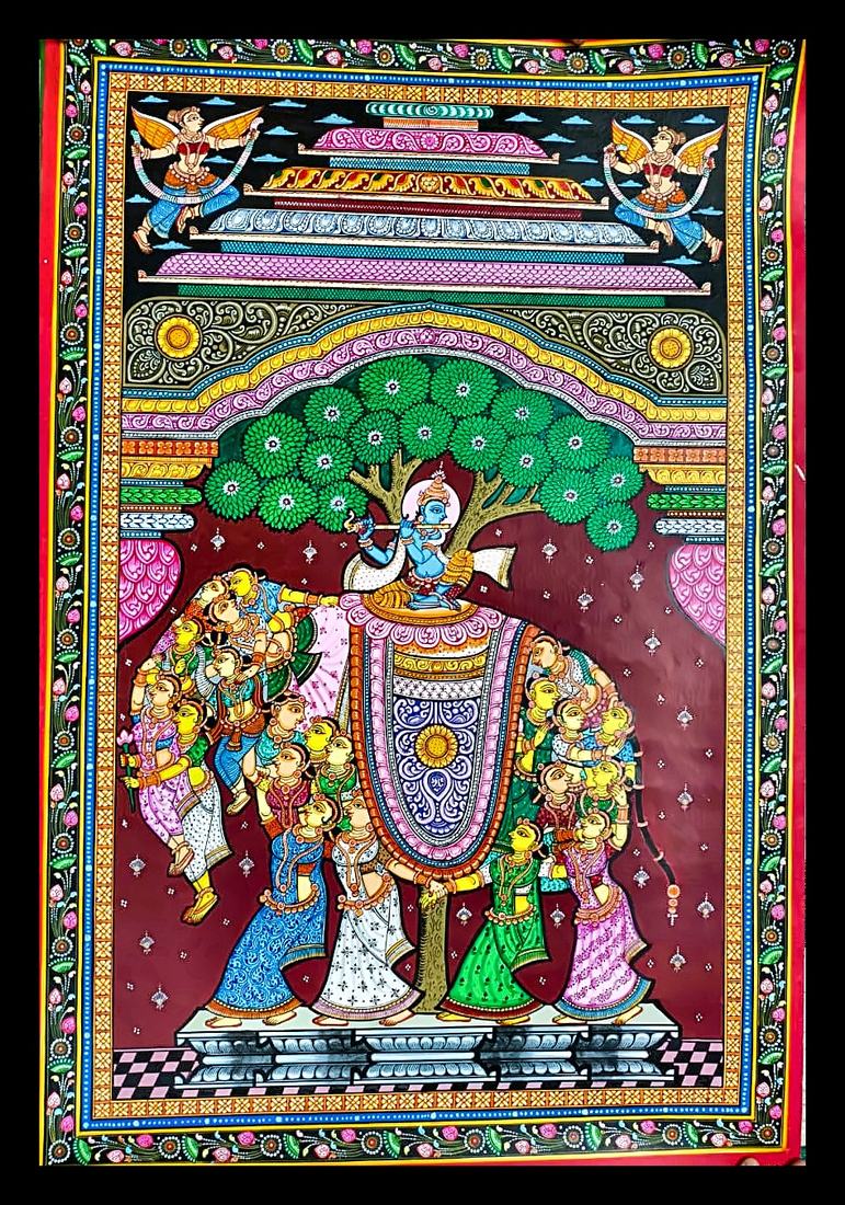 Kandarpa Hasti: The Elephant of Divine Love — Krishna rides an elephant built from gopi figures. Hand-painted Pattachitra from Odisha.