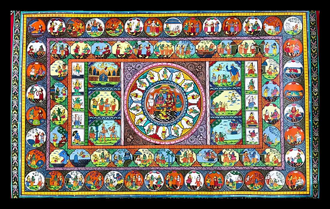radha krishna story and dashavatar — Concentric rings of story panels around two enthroned figures. Hand-painted Pattachitra from Odisha.