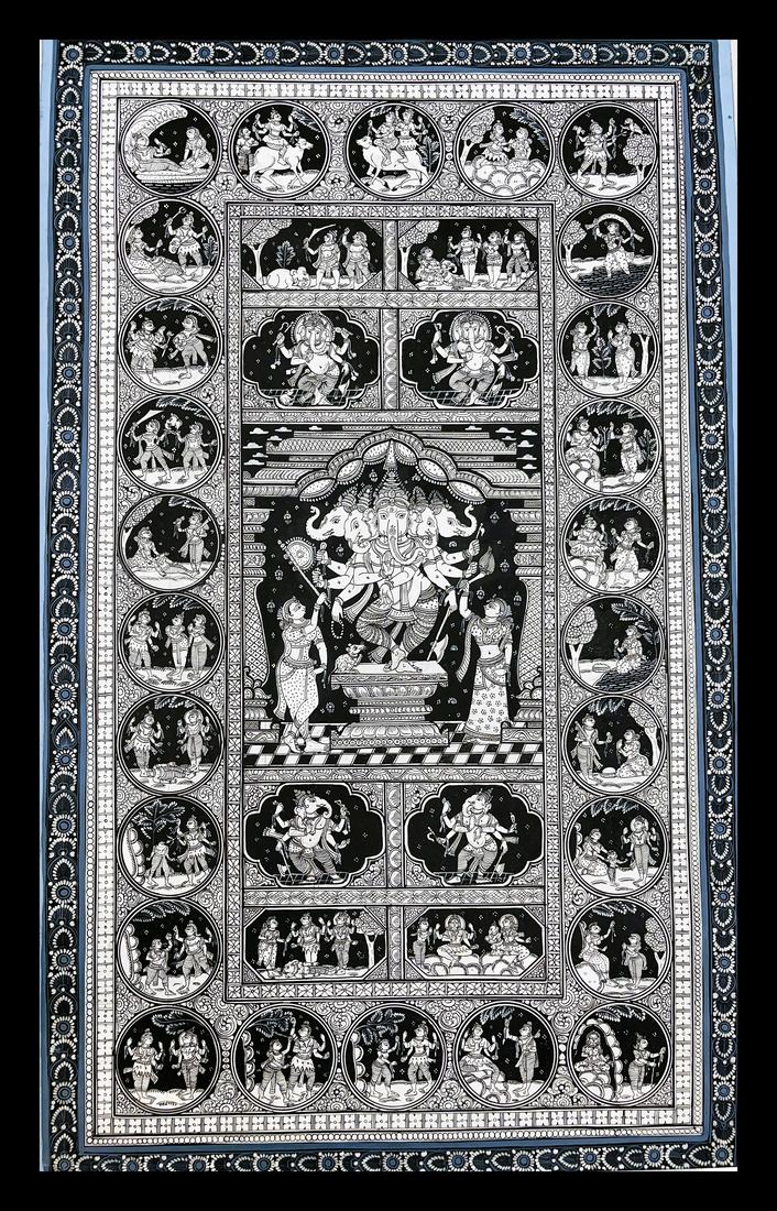 Panchamukhi Ganesha: Stories of the Divine — A five-headed dancing Ganesha, in fine unpainted linework. Hand-painted Pattachitra from Odisha.