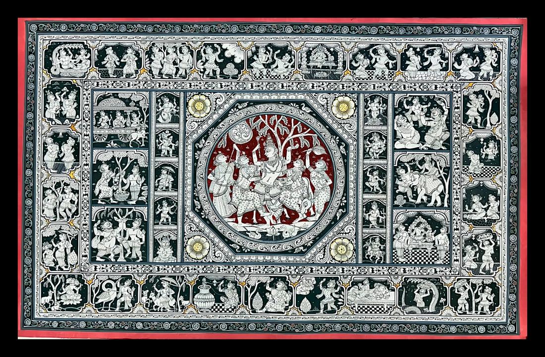 Radha-Krishna Octagon Medallion with Palace Vignettes — A red octagonal dance scene, framed by garden and court narrative panels. Hand-painted Pattachitra from Odisha.