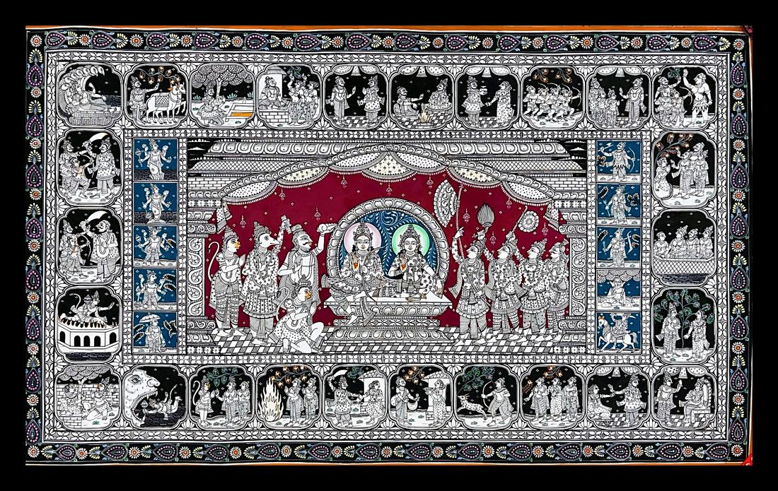 Rama's Court with Hanuman and the Vanara Army — Rama and Sita enthroned, Hanuman kneeling before the monkey army. Hand-painted Pattachitra from Odisha.
