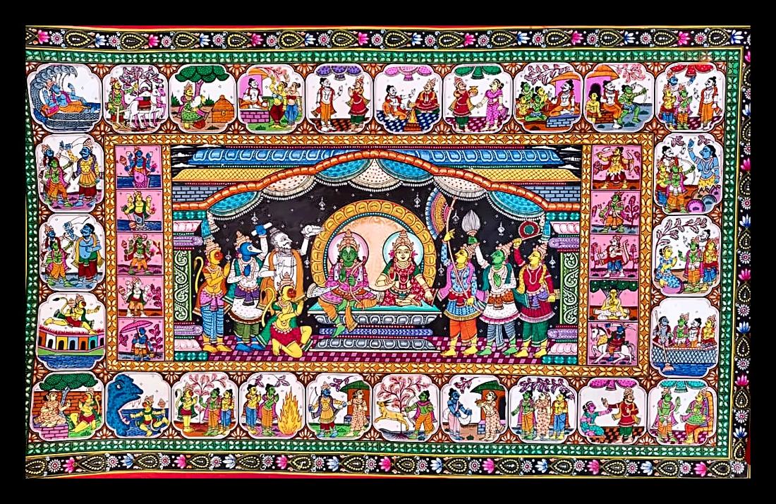 Sri Ram Darbaar — Small Ramayana vignettes ringing a central court scene. Hand-painted Pattachitra from Odisha.