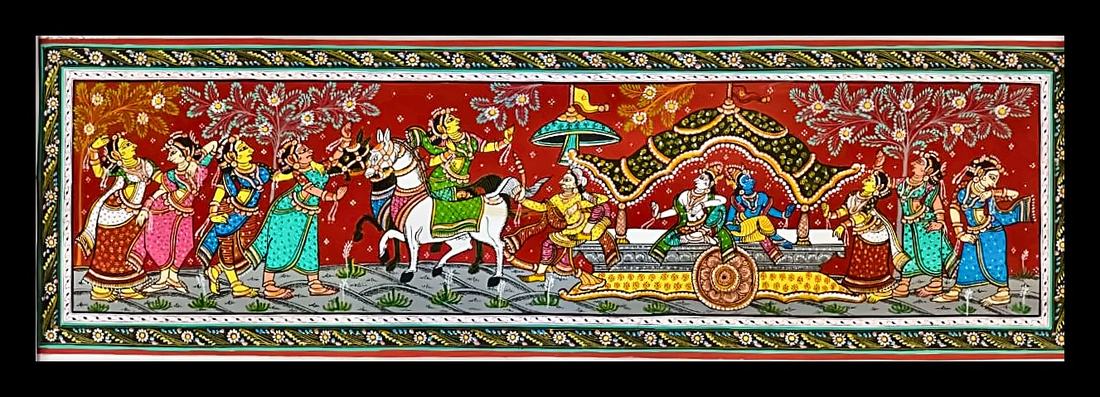 Mathura Vijaya: A Hero’s Welcome — Attendants, a horseman and a flower-canopied palanquin, on red. Hand-painted Pattachitra from Odisha.