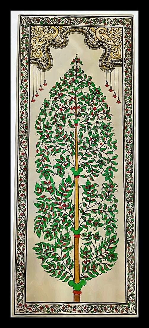 Sacred Tree of Life Scroll — A flowering tree beneath a golden torana arch. Hand-painted Pattachitra from Odisha.
