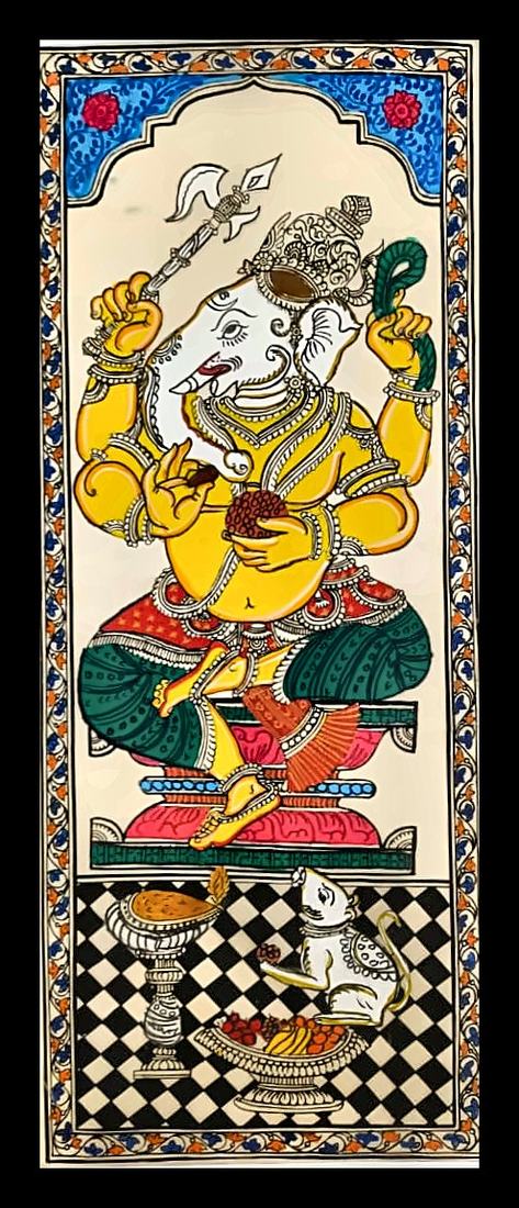 Seated Ganesha with Offerings — A multi-armed Ganesha seated above a checkerboard base panel. Hand-painted Pattachitra from Odisha.