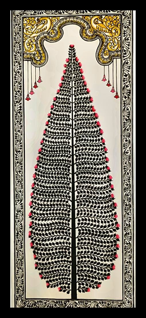 Black Foliage Tree of Life — A dense black-ink leaf tree with small pink blossoms. Hand-painted Pattachitra from Odisha.