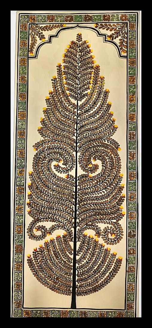 Tree of Life in Brown and Gold — A leaf-shaped tree with yellow flower buds, in an arched niche. Hand-painted Pattachitra from Odisha.