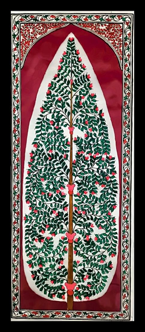 Leaf-Shaped Tree of Life on Crimson — A green tree with red buds, set against a deep crimson ground. Hand-painted Pattachitra from Odisha.