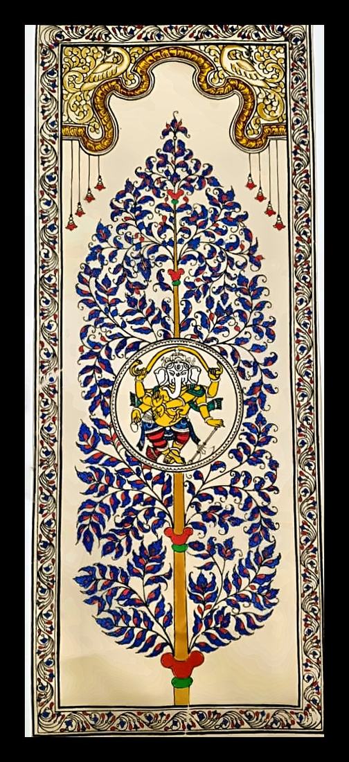 Tree of Life with a Ganesha Medallion — A blue-and-red tree with a Ganesha medallion at its centre. Hand-painted Pattachitra from Odisha.