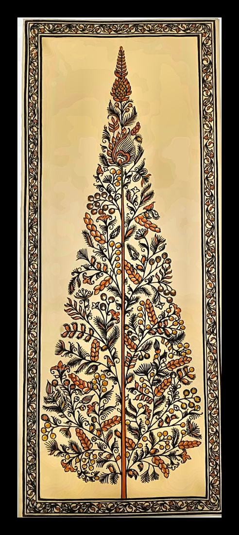 Golden Filigree Tree of Life — Fine brown-and-gold linework with berry clusters and a small bird. Hand-painted Pattachitra from Odisha.