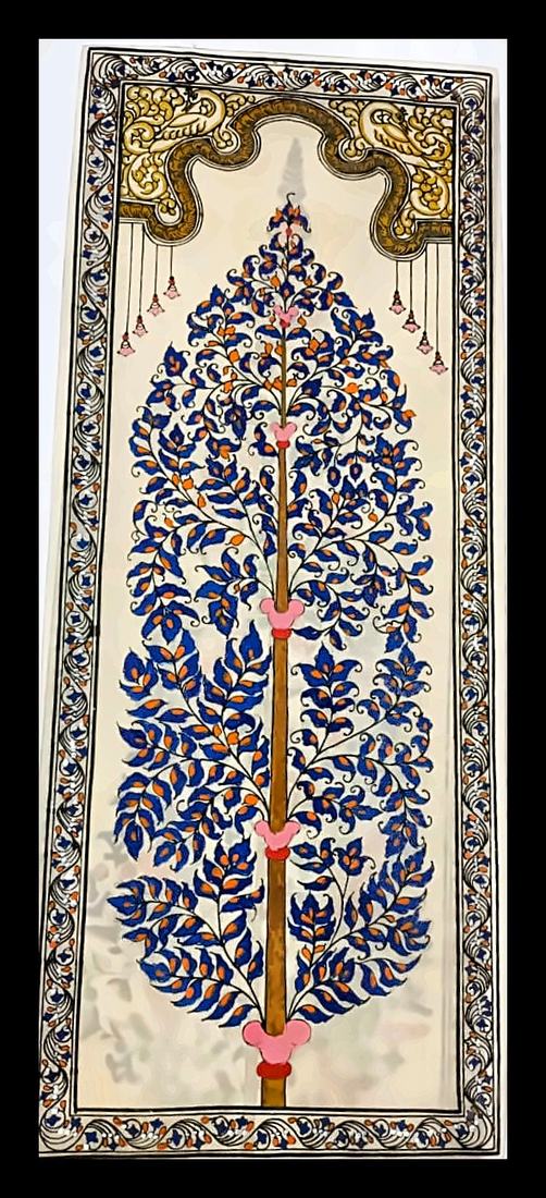 Indigo and Amber Tree of Life — Deep blue leaves with amber berry clusters and pink flower nodes. Hand-painted Pattachitra from Odisha.