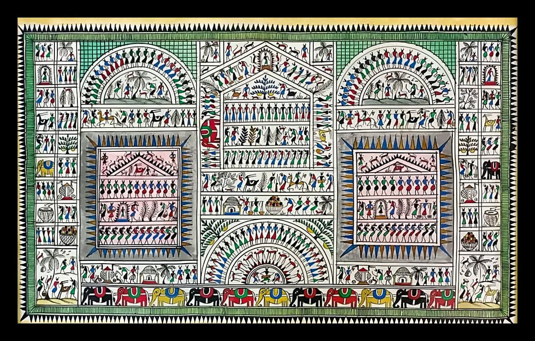 Village Life Tableau in Warli Style — Circular dances, huts and a row of elephants, in Warli line style. Hand-painted Pattachitra from Odisha.