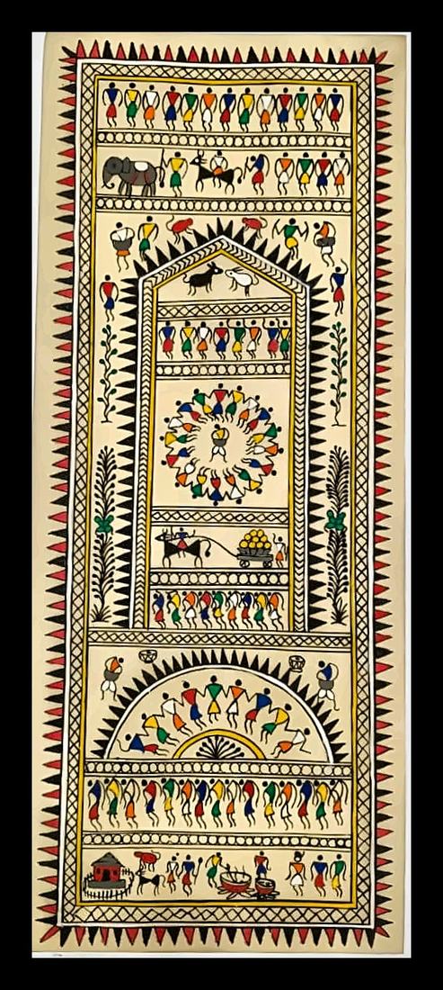 Warli Village Life Procession — Dancers, an elephant, a bullock cart and a hut scene, in Warli line style. Hand-painted Pattachitra from Odisha.